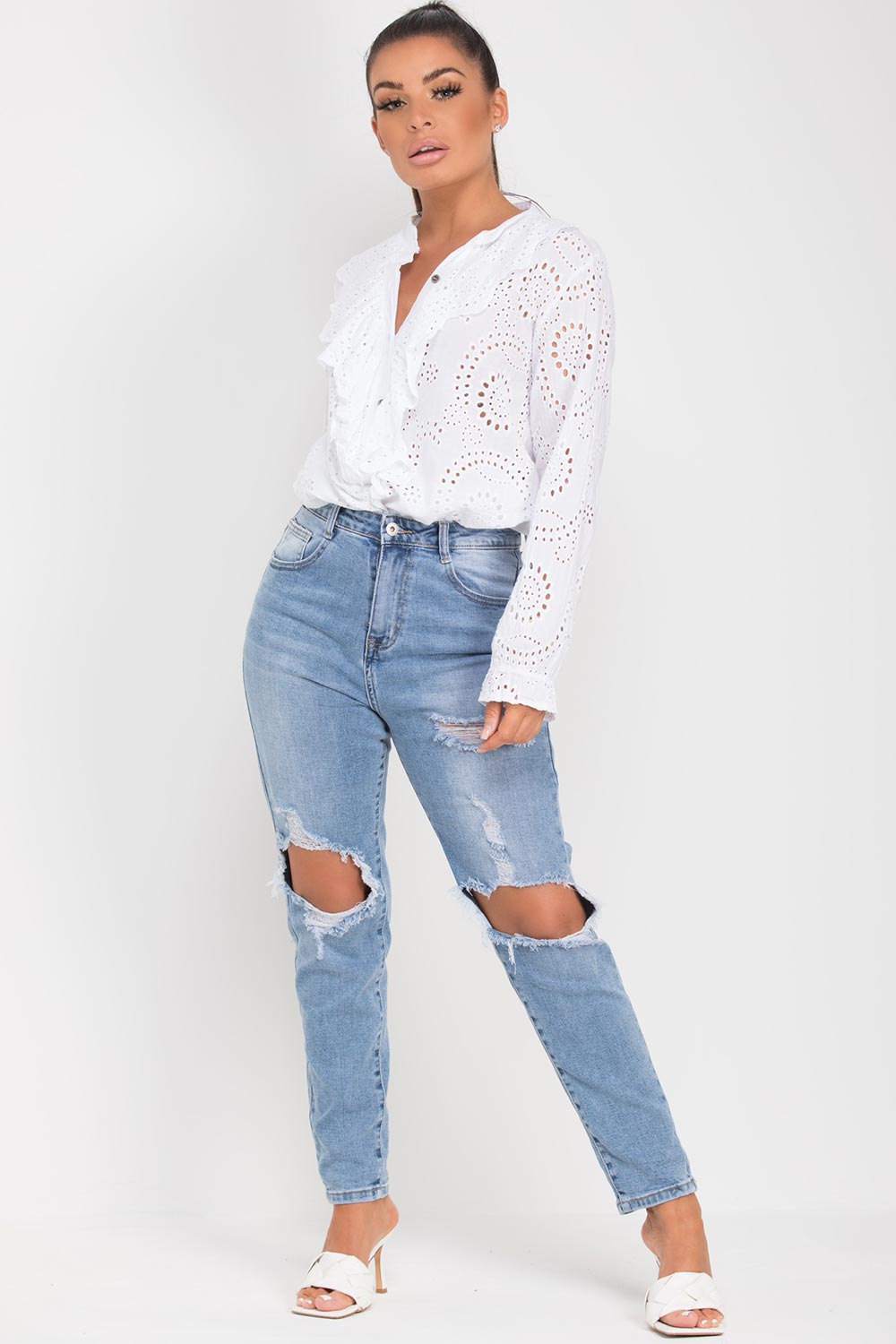 white broderie long sleeve shirt blouse uk