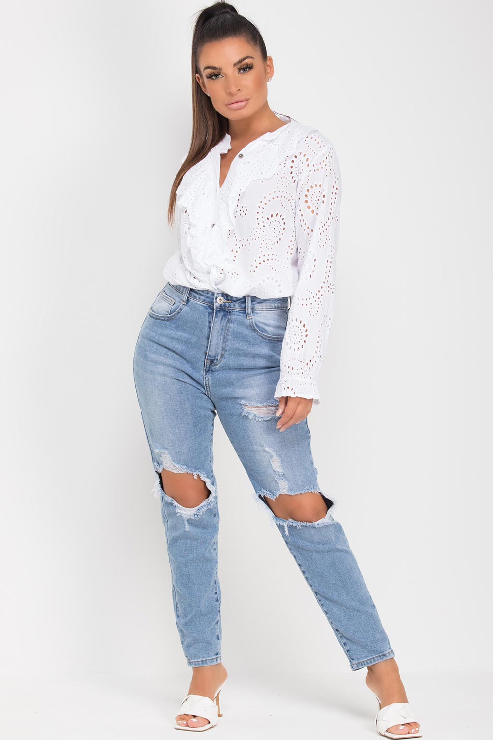 white ruffle long sleeve broderie shirt top