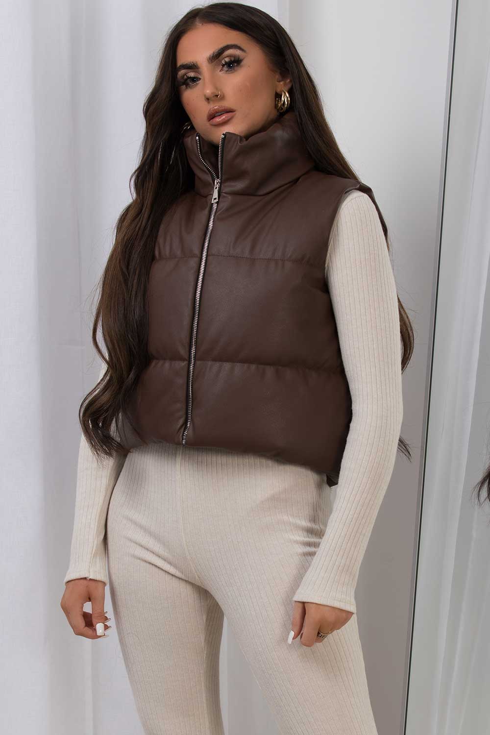 womens crop gilet brown