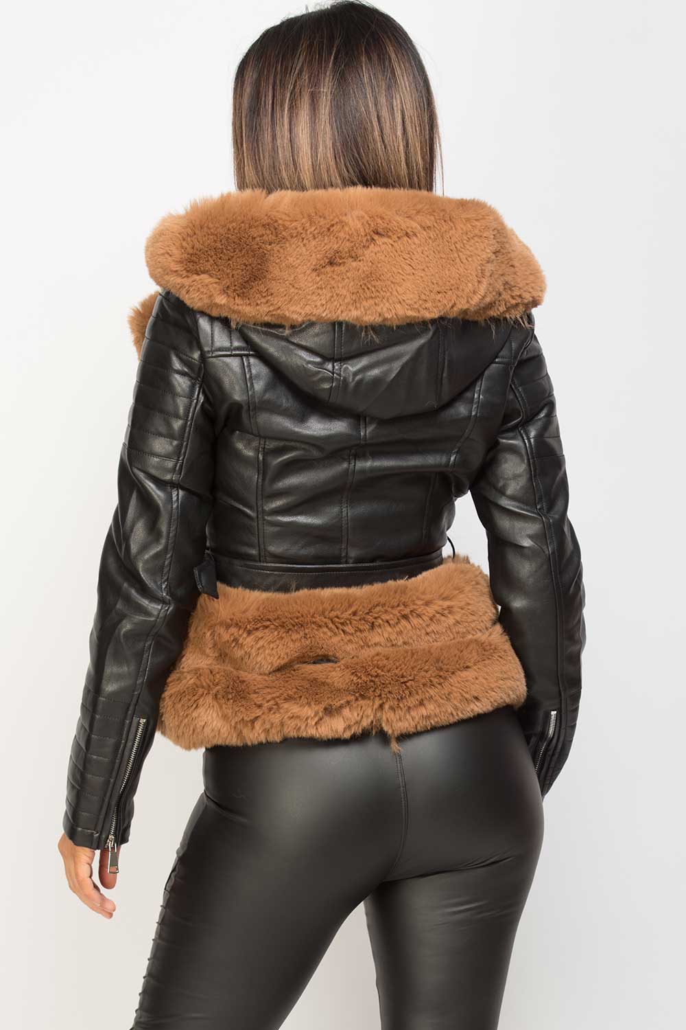 faux fur faux leather belted hooded jacket