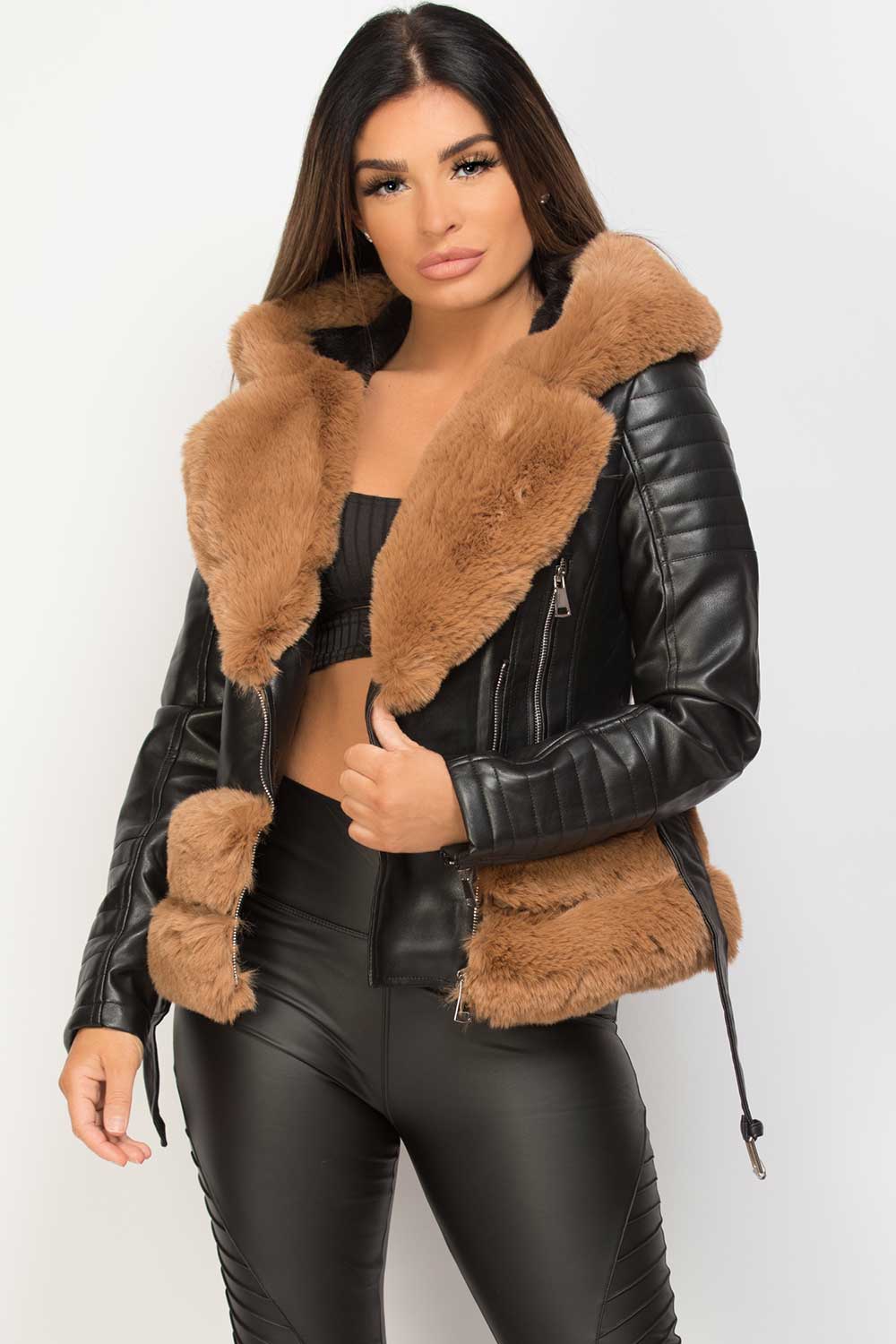 faux fur hood faux leather belted jacket black
