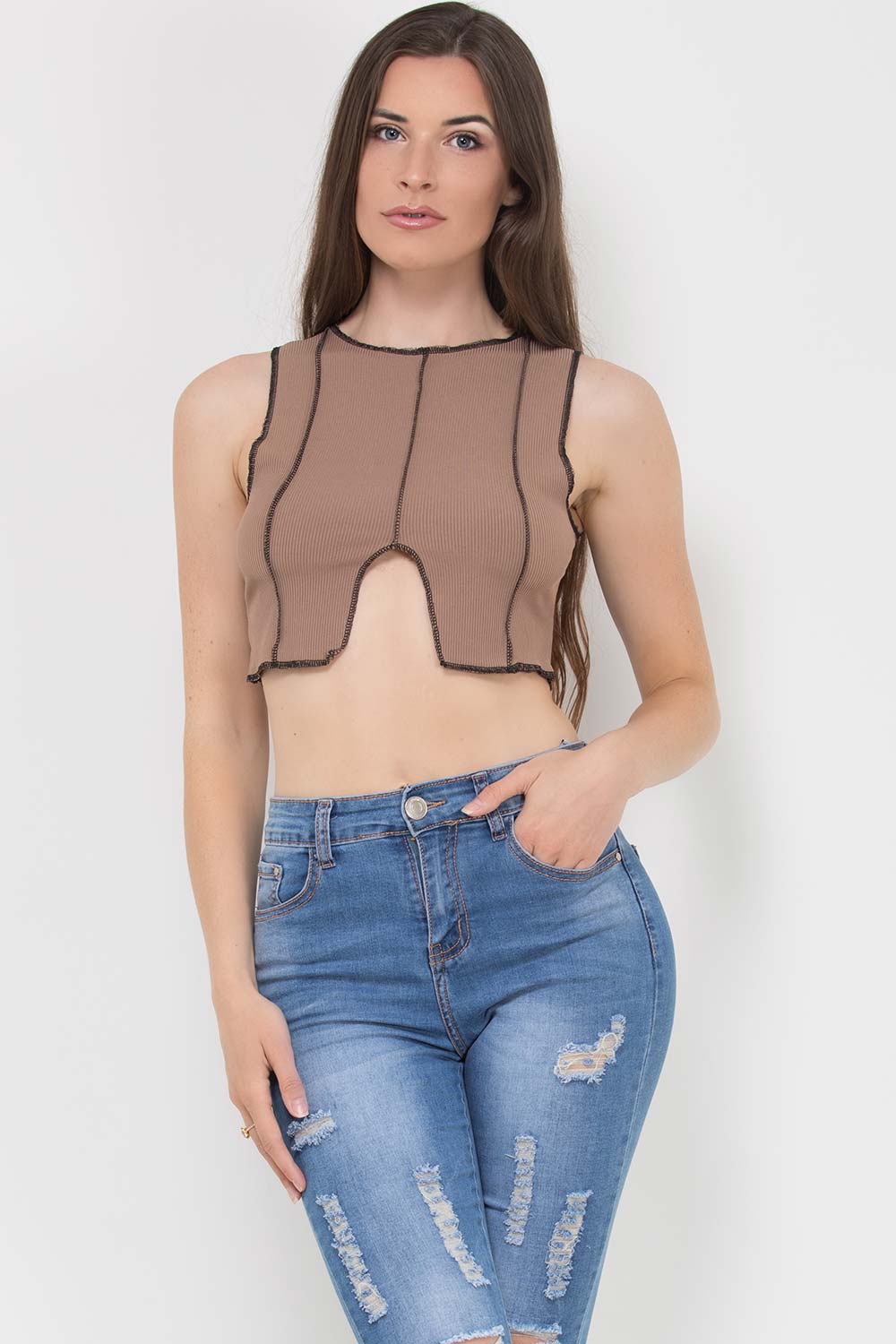 ribbed overlock contrast stitch crop top chocolate brown