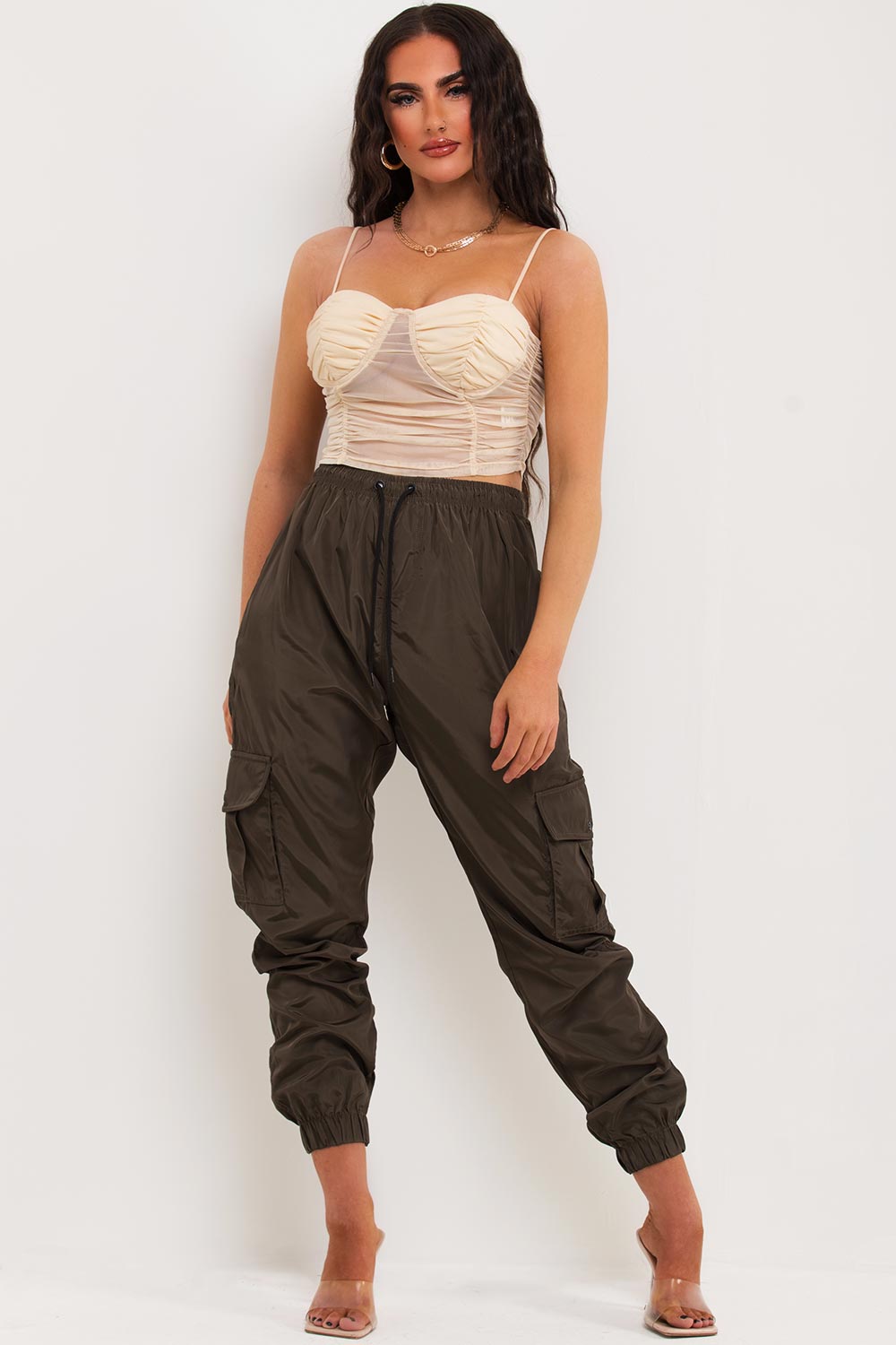 going out bustier ruched mesh crop top beige