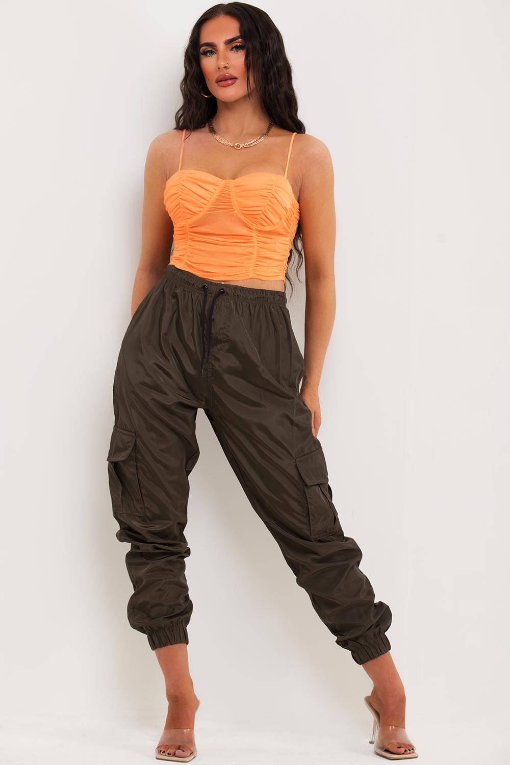 bright orange ruched mesh bustier crop top