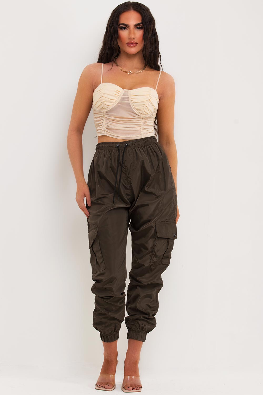 ruched mesh bustier crop top beige