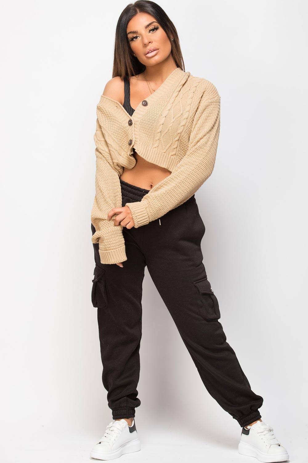 button through crop cardigan stone