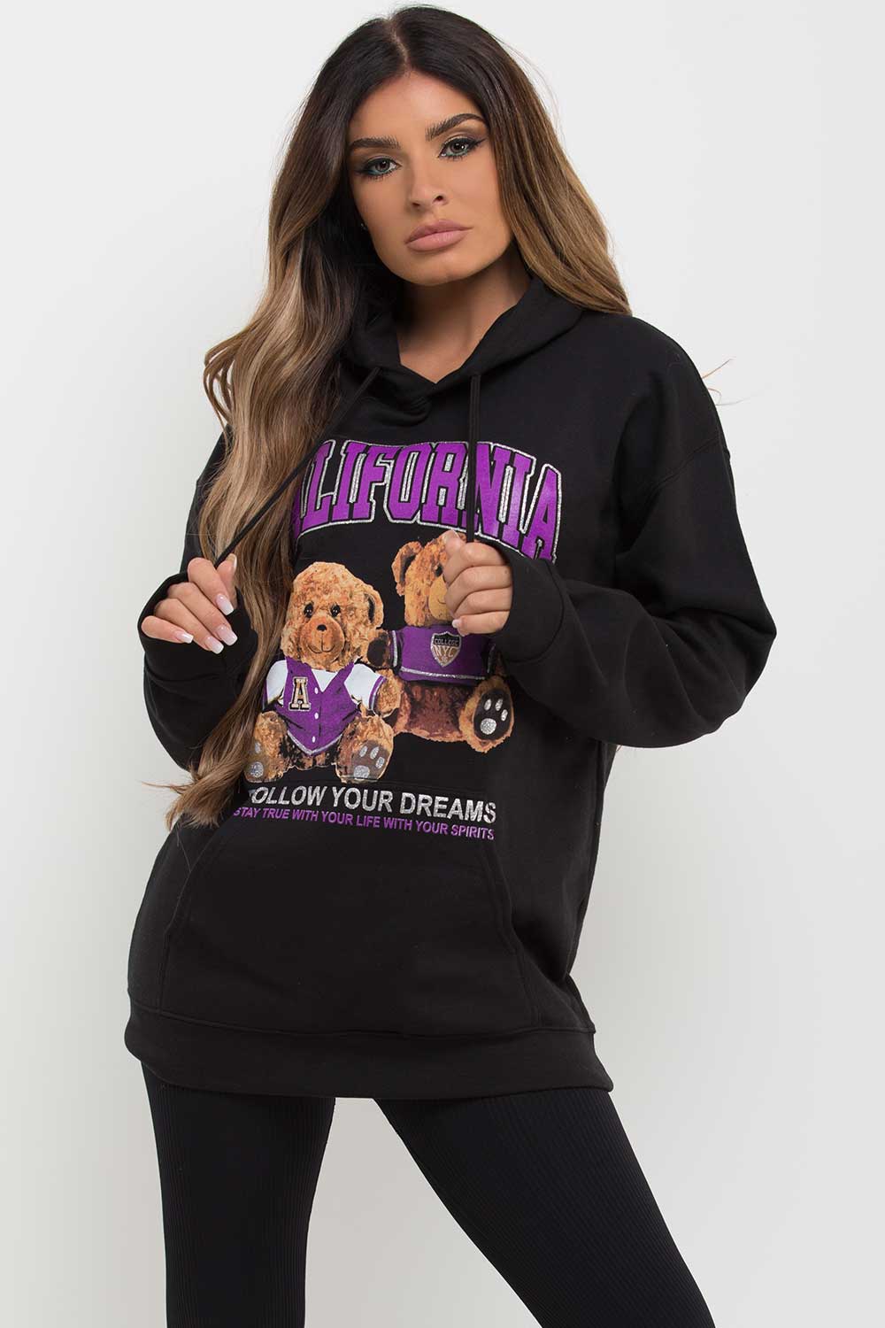 womens oversized teddy bear hoodie with california slogan