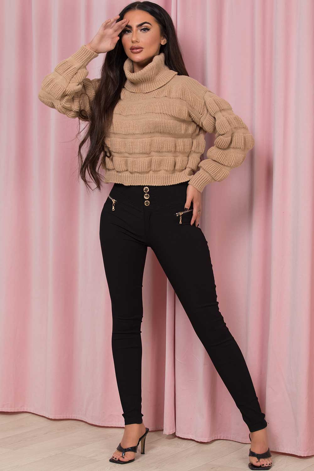 roll neck cropped bubble knit jumper