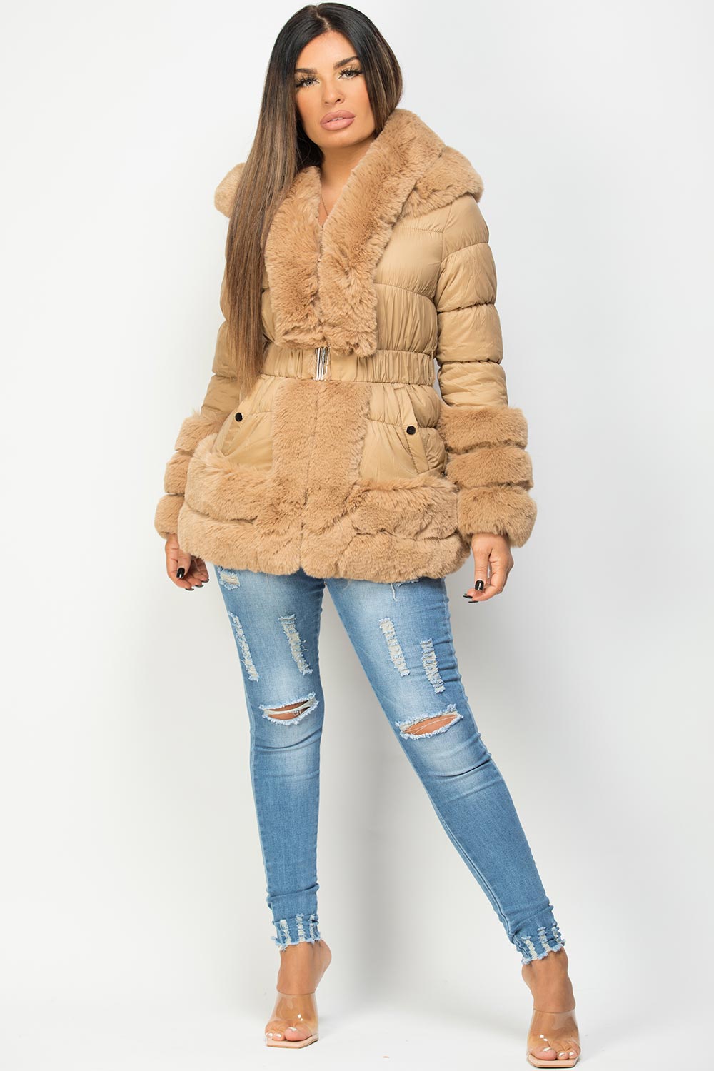 puffer jacket with faux fur trim camel