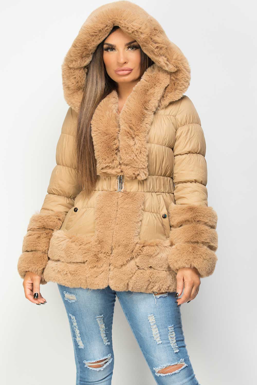 faux fur trim puffer jacket camel