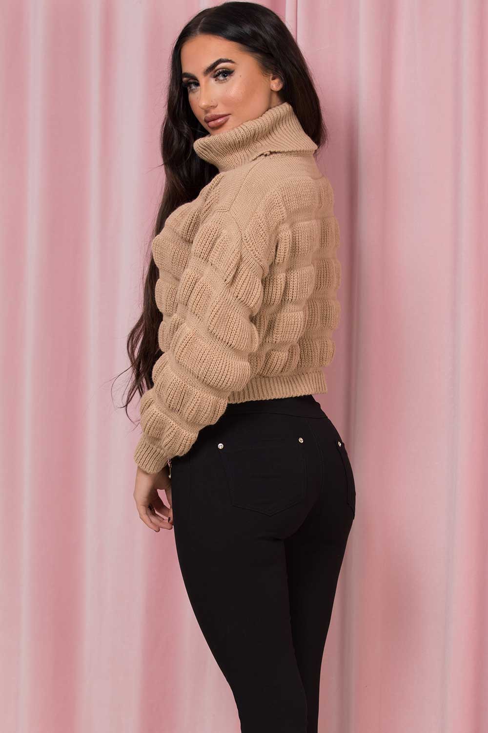 bubble knit high neck cropped jumper