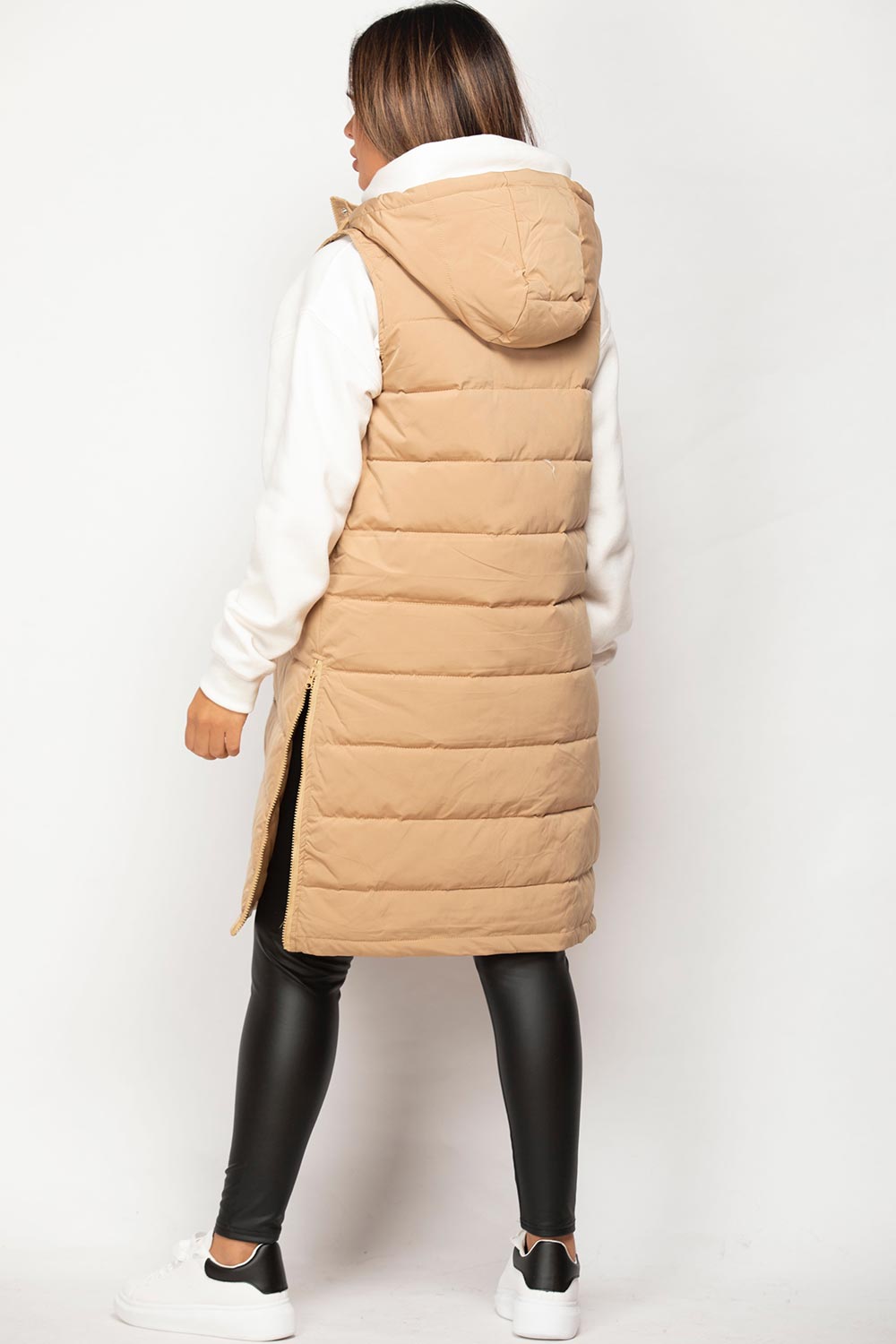 padded puffer longline gilet camel