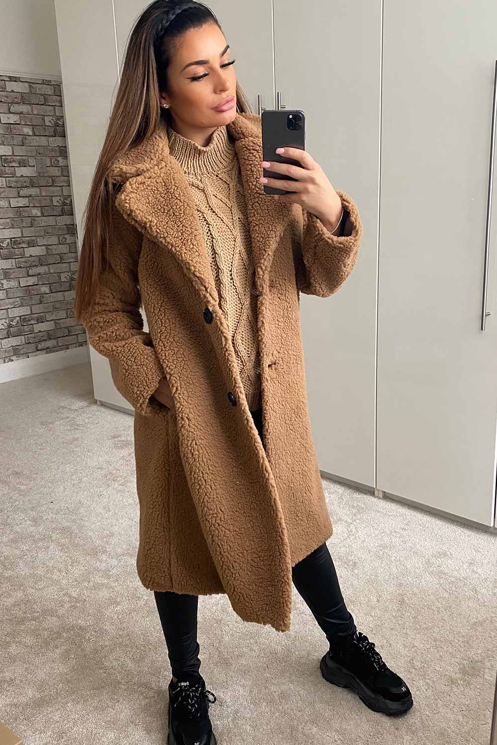 long line teddy coat camel