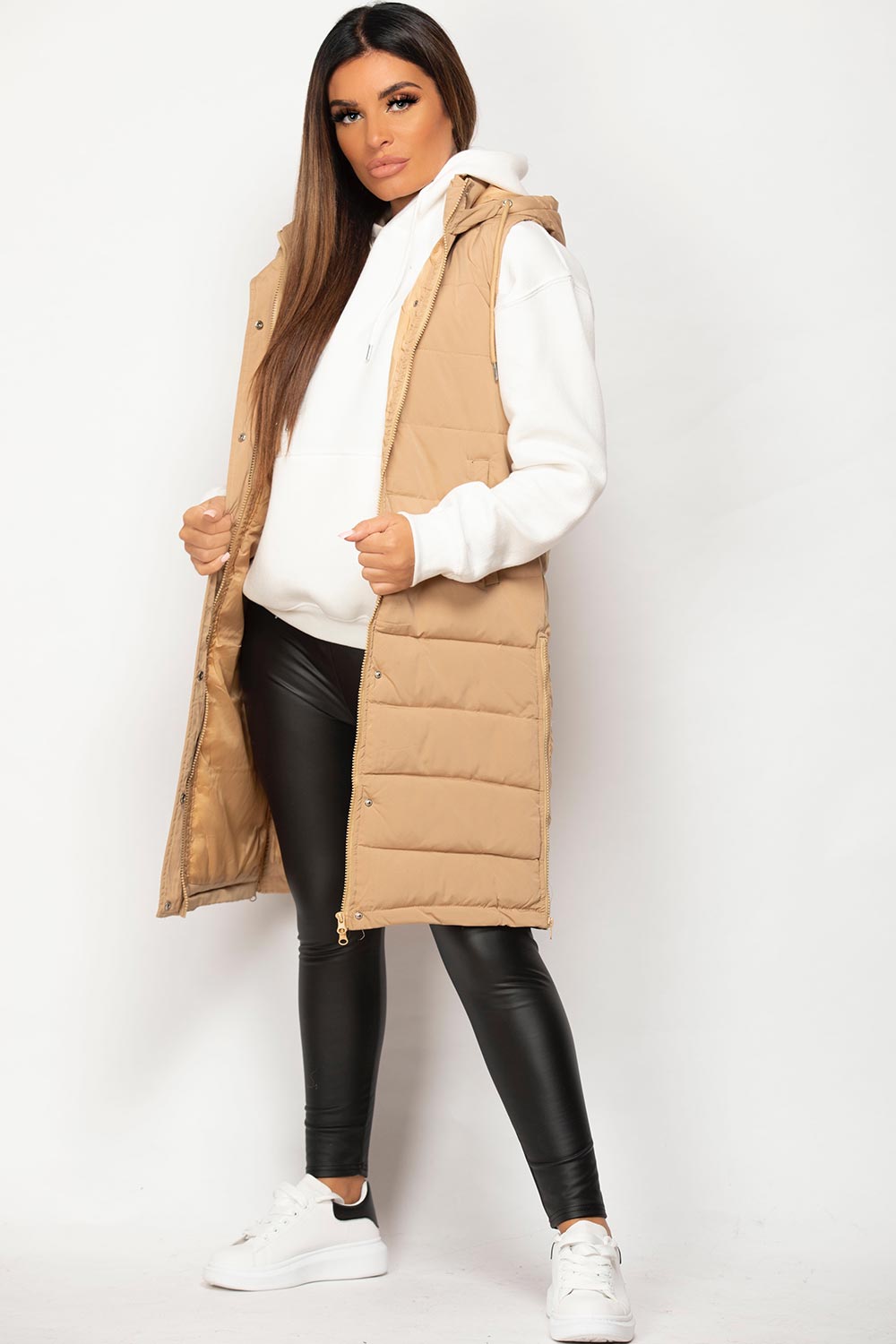 padded puffer hooded gilet body warmer camel