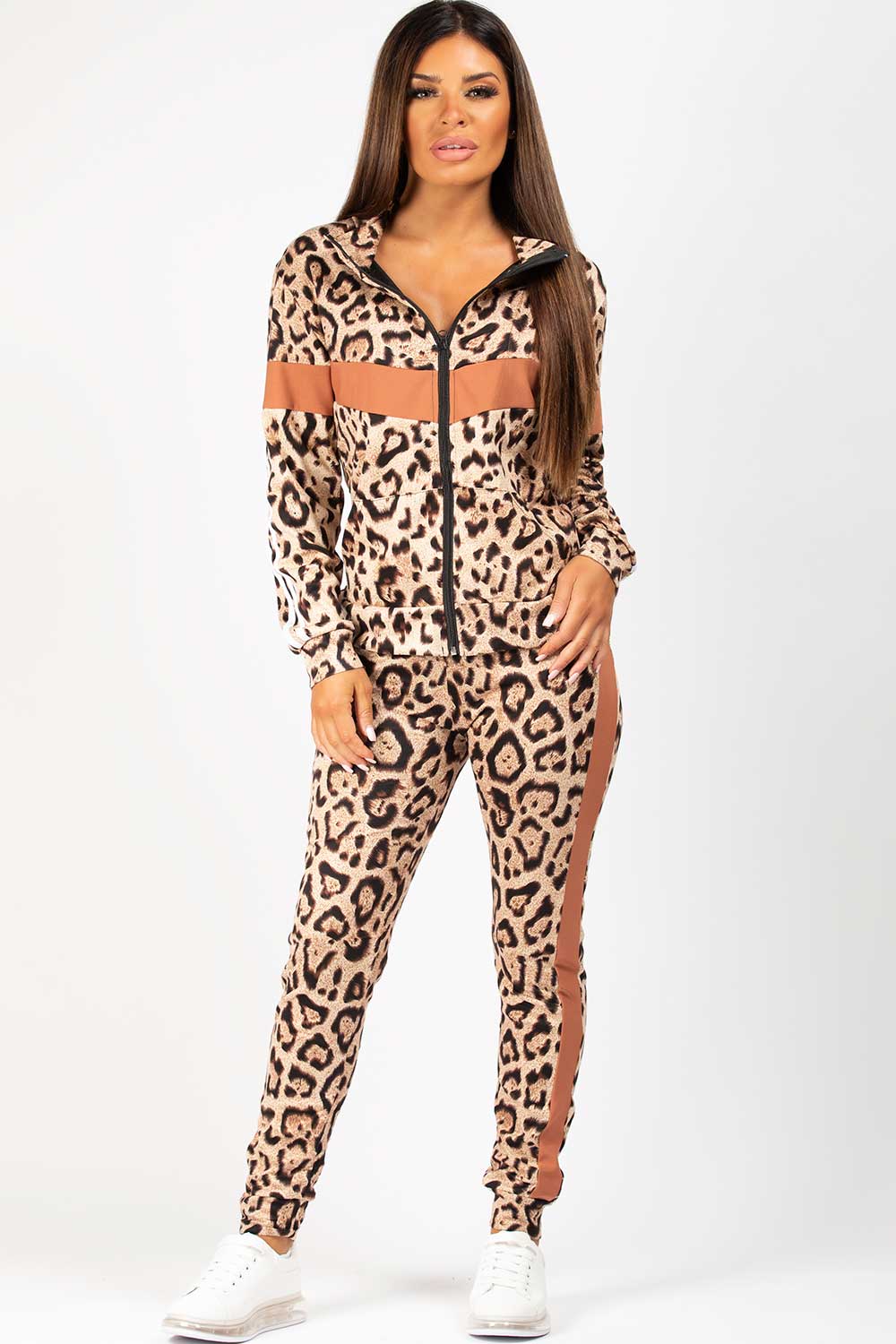 leopard print tracksuit top and joggers set womens