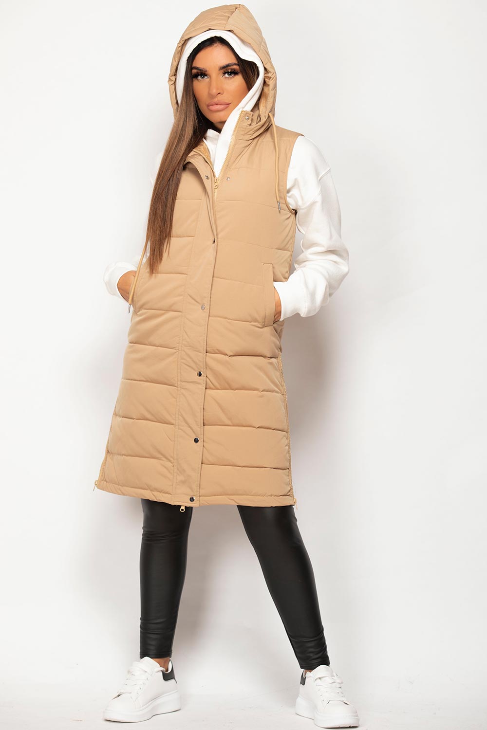 hooded padded longline gilet camel