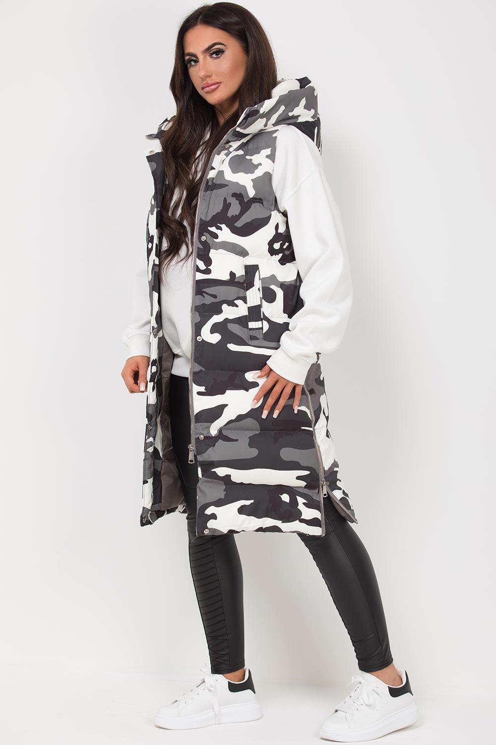 grey camo puffer long gilet womens