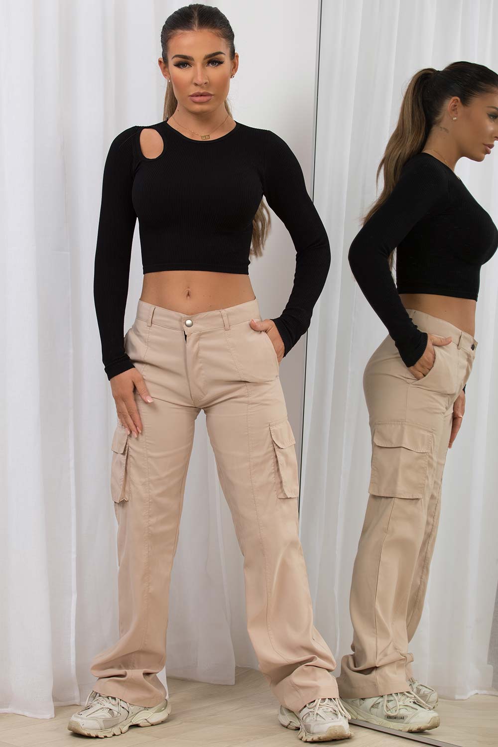utility pocket wide leg cargo trousers