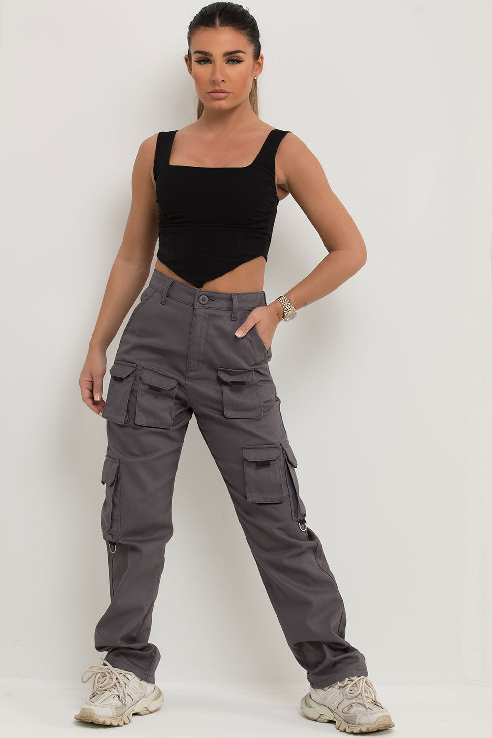 high waisted straight leg cargo trousers grey