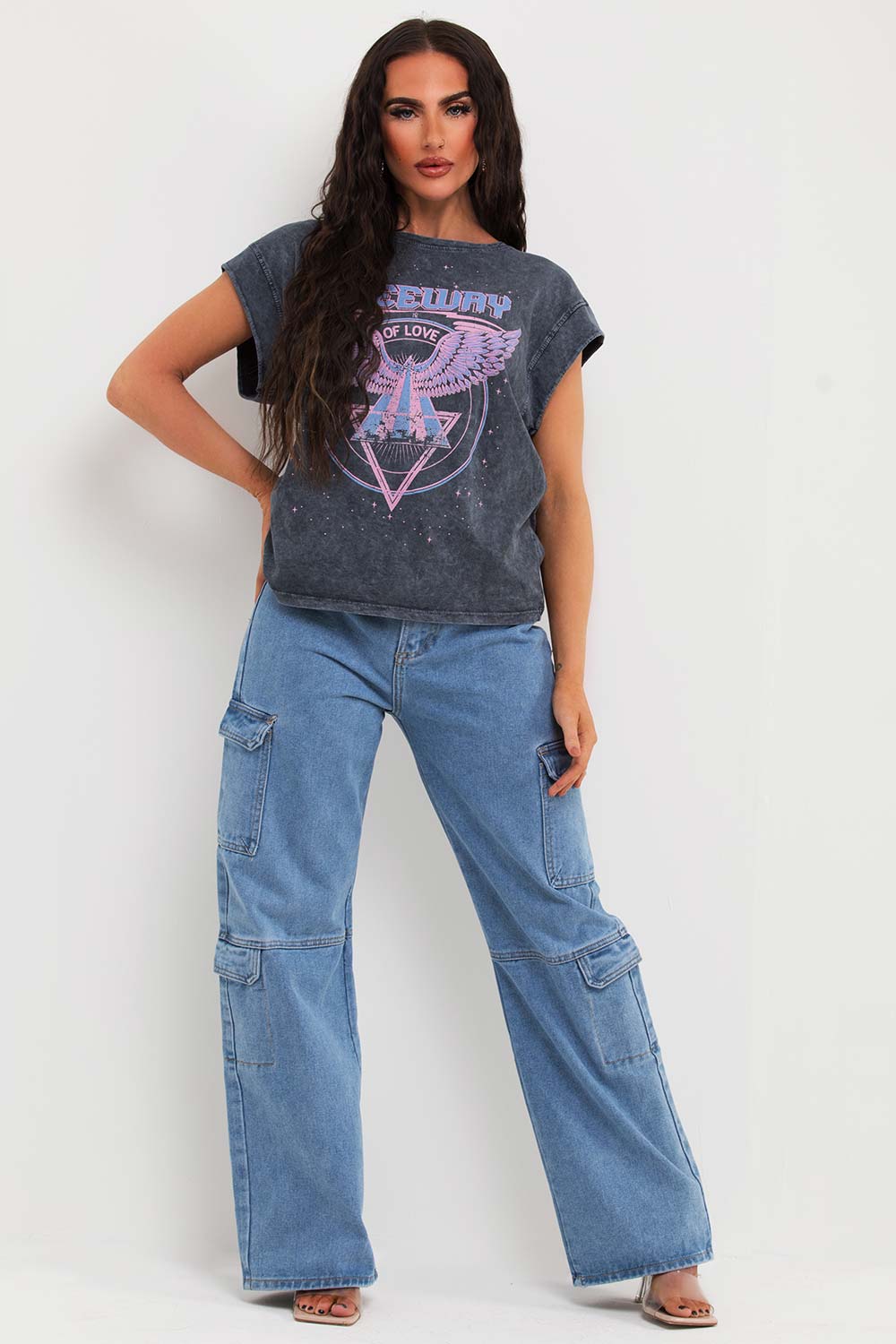 graphic print charcoal grey t shirt