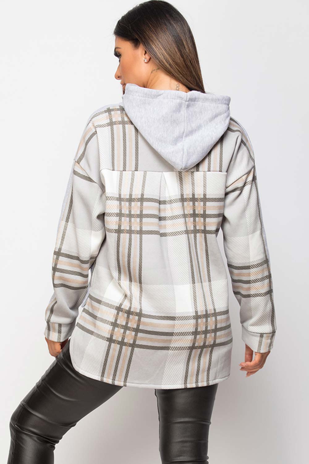 grey check hoodie with check print back