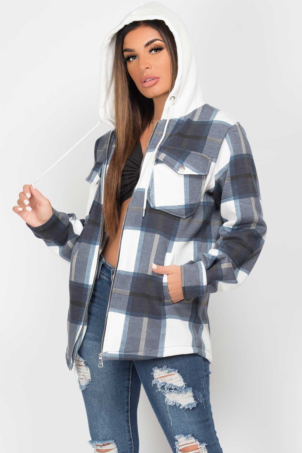 check hooded shacket navy