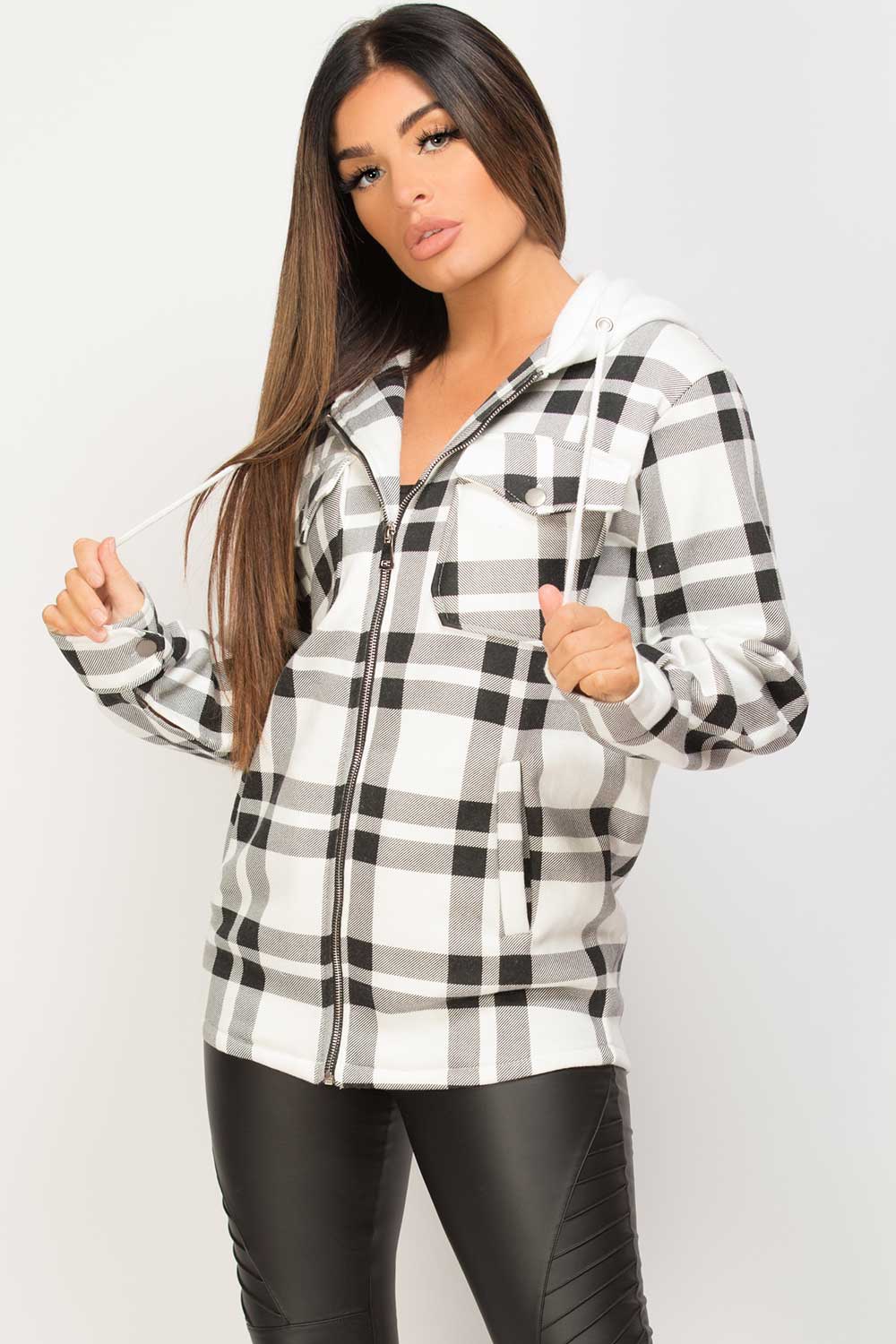 black and white hooded shacket