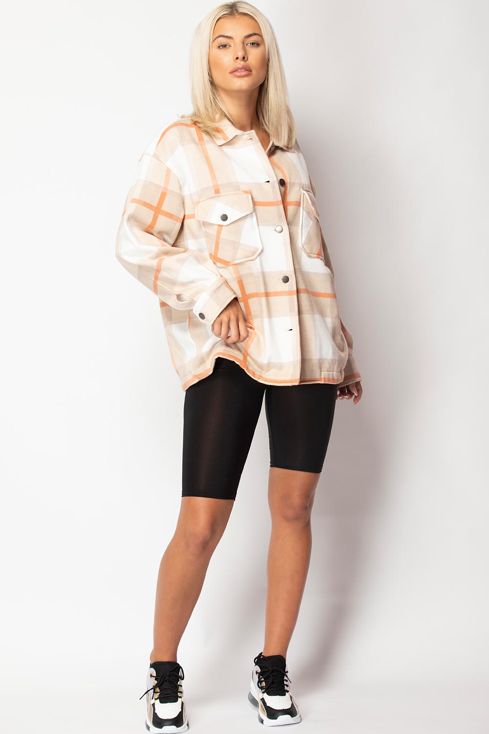 womens beige check shacket