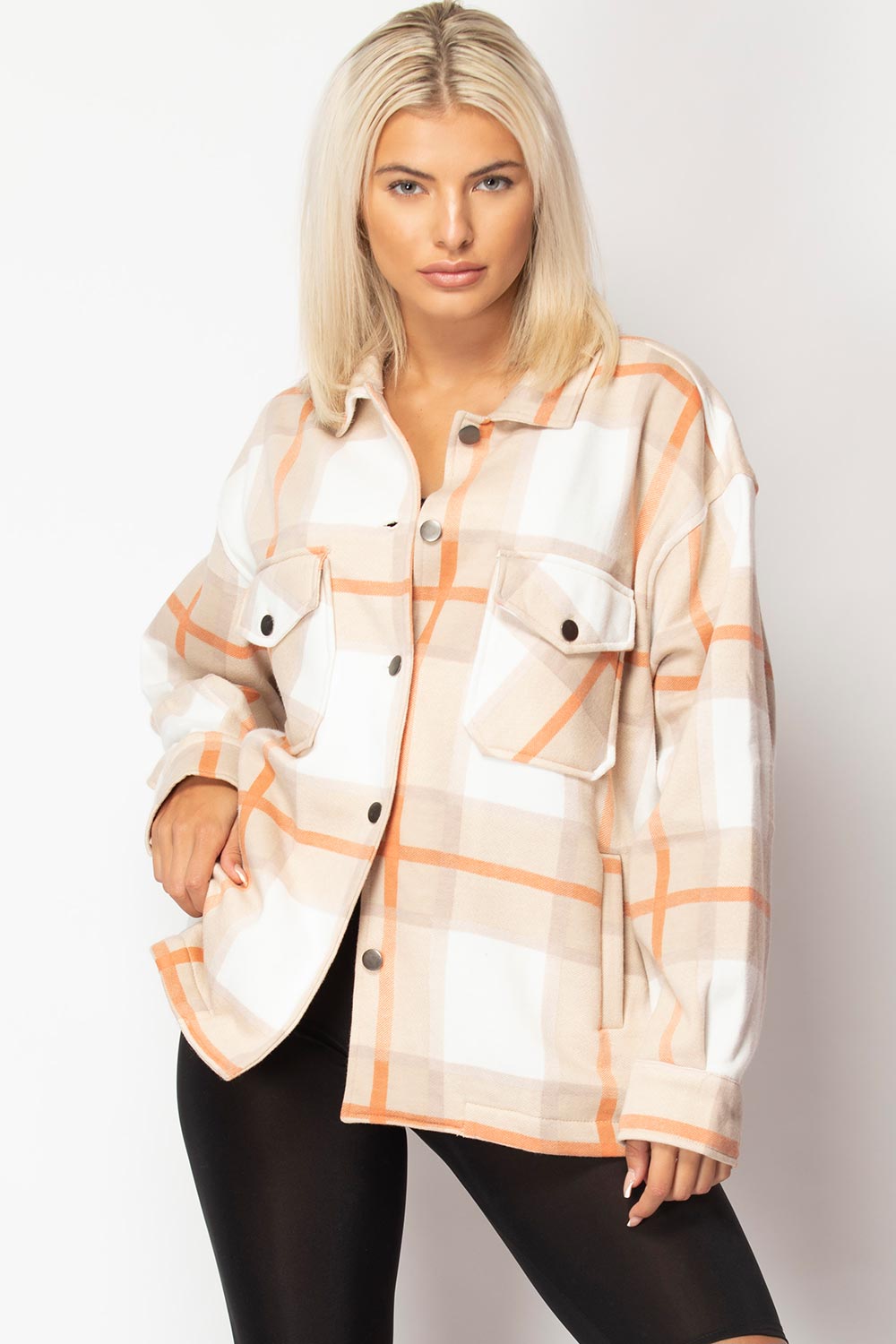 oversized check shacket beige womens