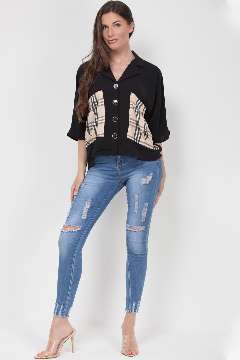 gold button check pocket oversized blouse black