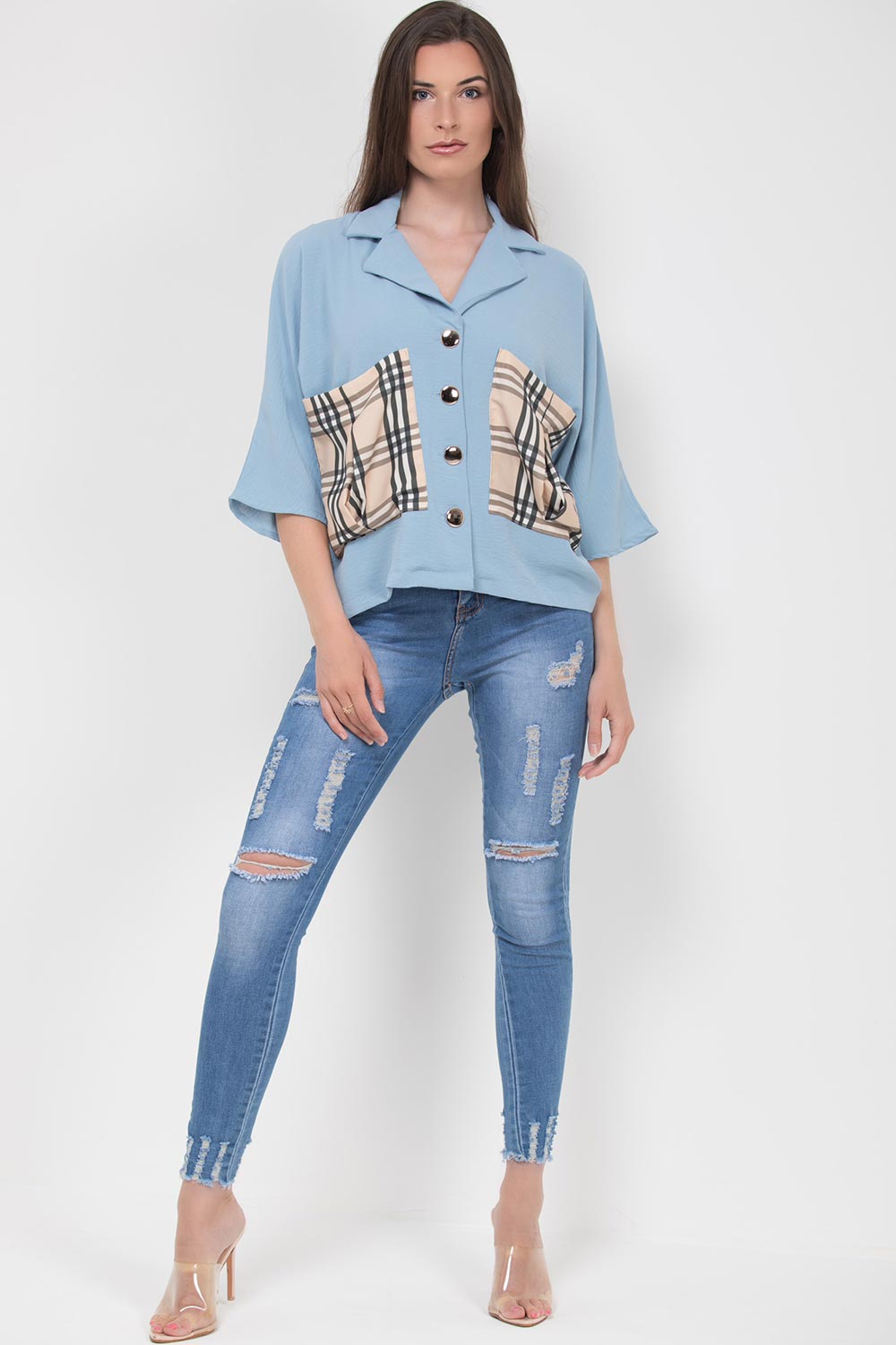 oversized shirt jacket with check pockets sky blue