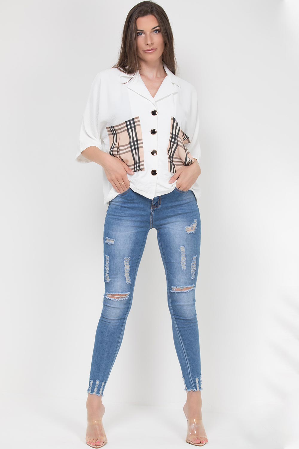 check pocket blouse shirt with gold buttons off white