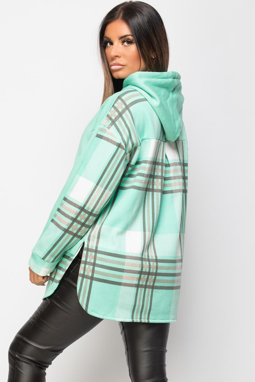 oversized check back hoodie mint green