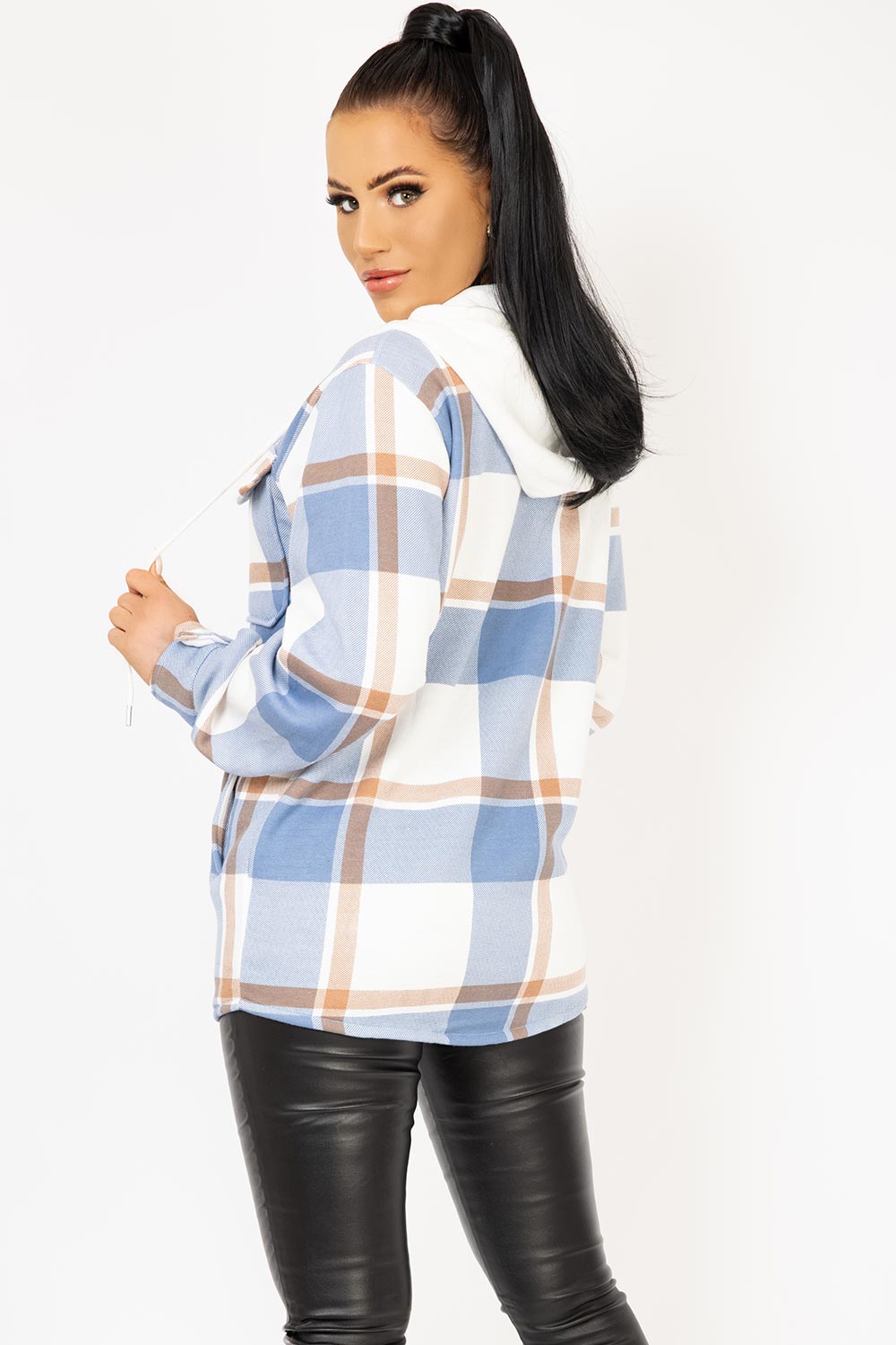 womens hooded check shacket sky blue