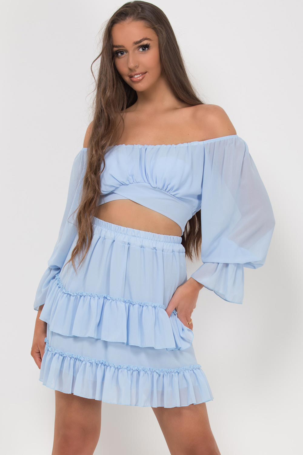 bardot cross over crop top skirt two piece set uk