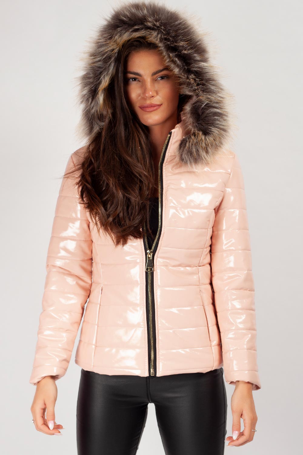 wetlook faux fur hood jacket womens