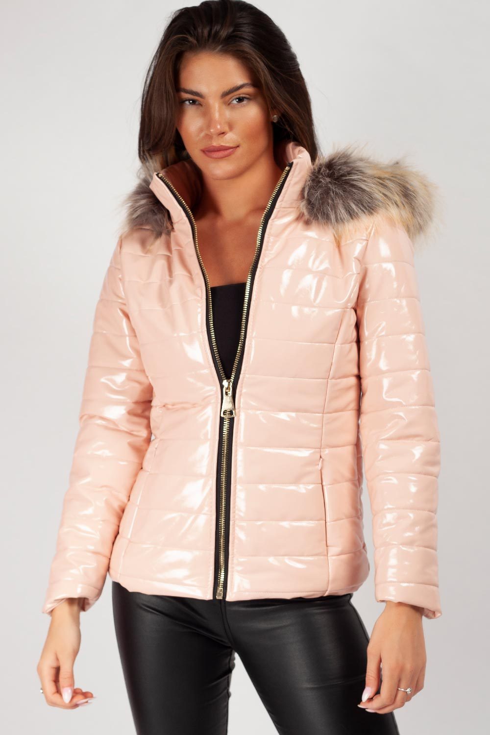 faux fur hood vinyl coat pink