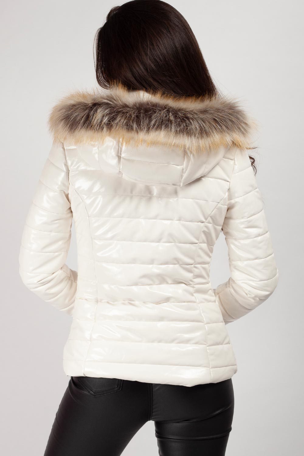 white shiny faux fur hood coat