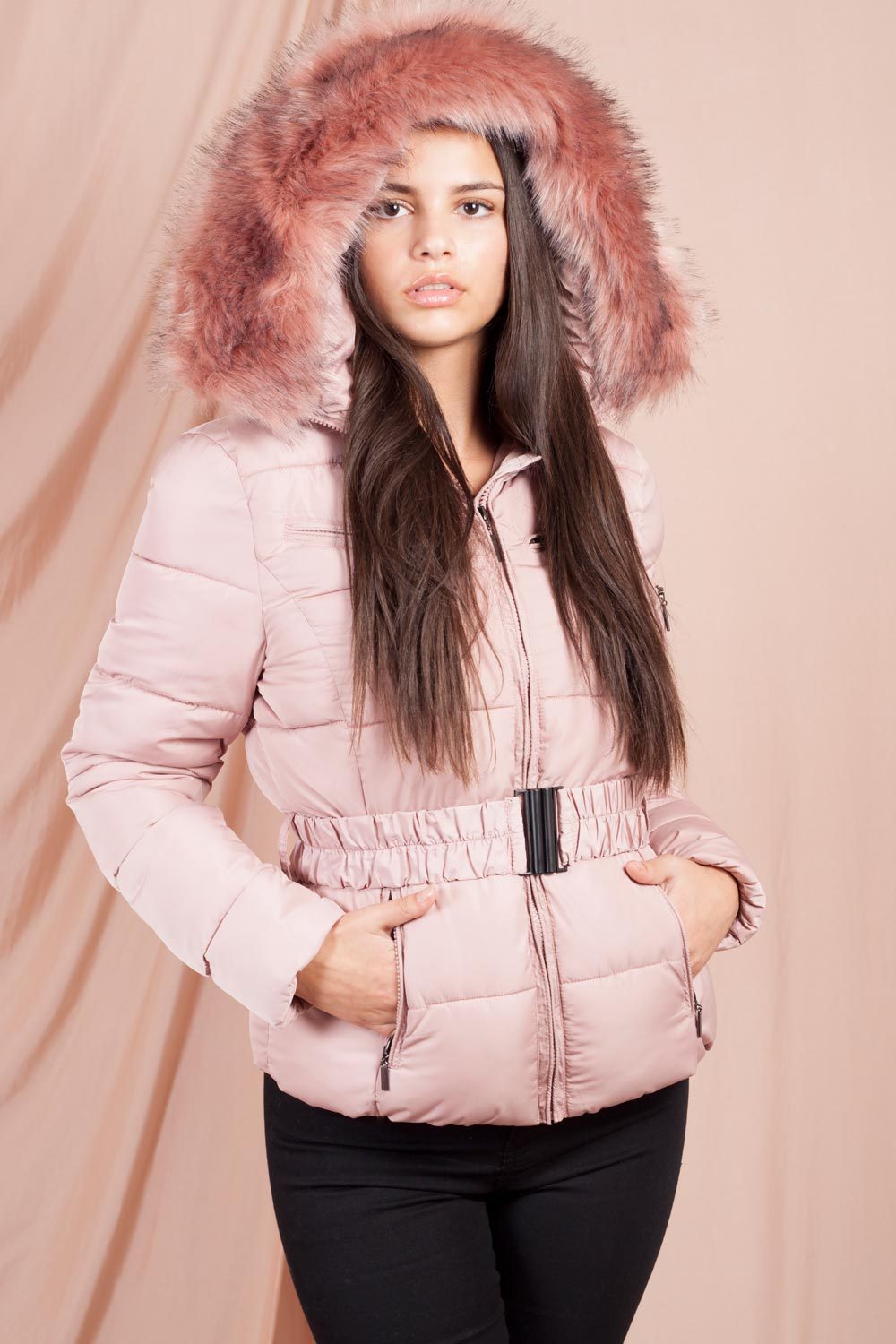 pink puffer jacket with hood