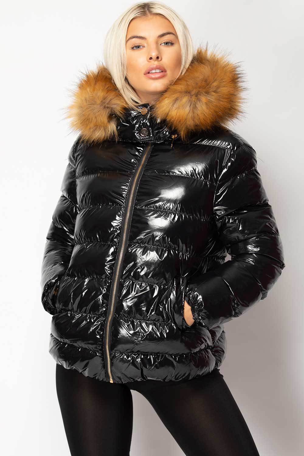 black wet look puffer padded jacket womens