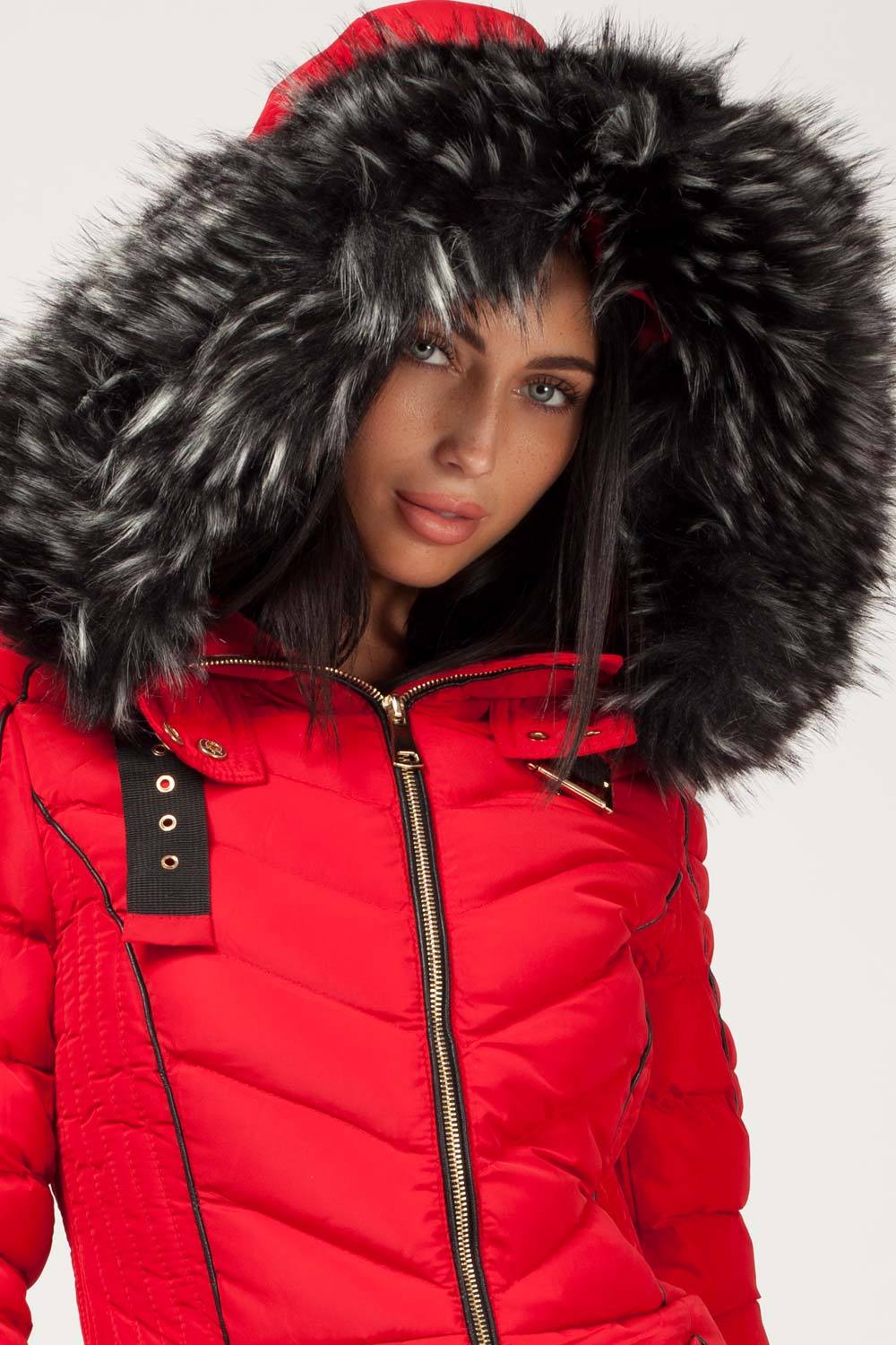 chunky fur hood puffer coat red