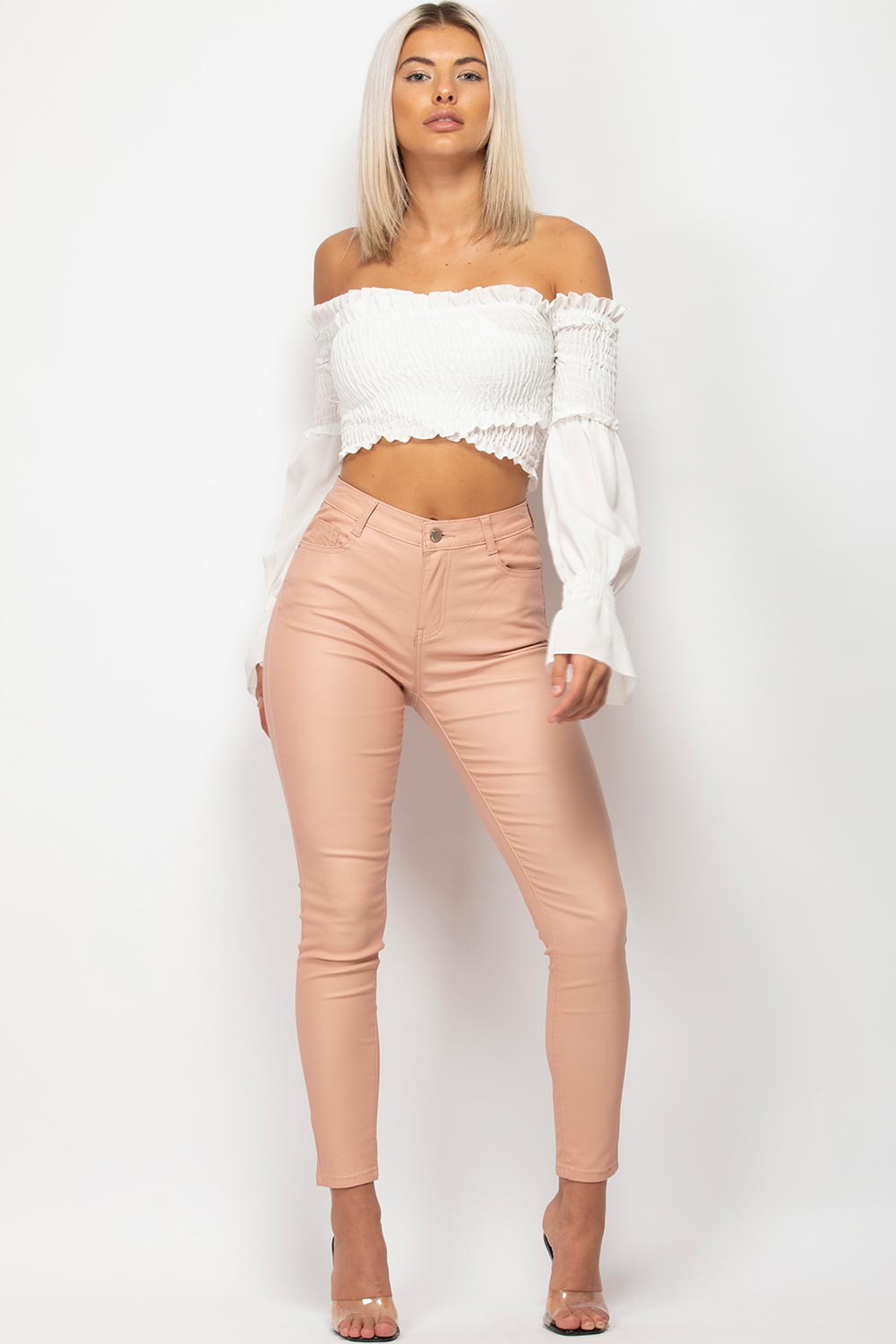 pink high waisted coated jeans