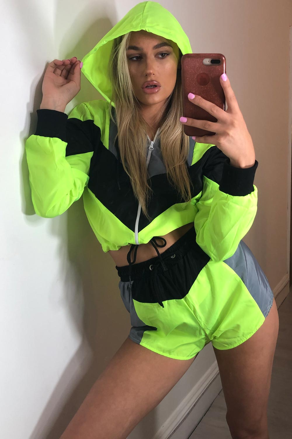 hooded shell jacket and shorts set neon green
