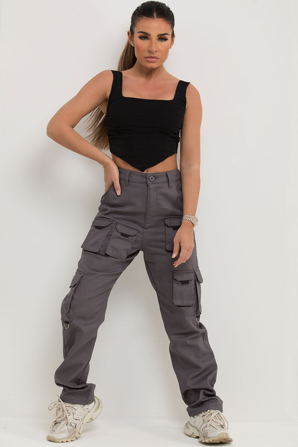 pocket high waisted cargo trousers straight leg