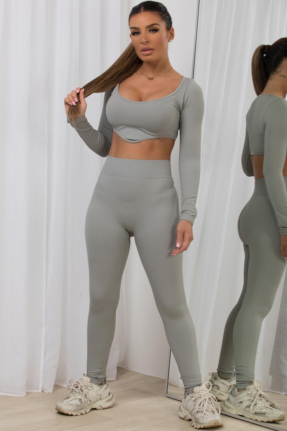 womens rib contour loungewear gym wear set