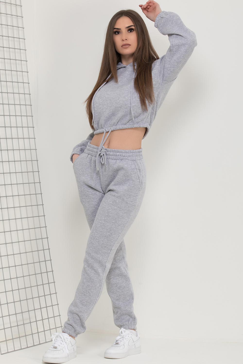 loungewear set grey crop hoodie with drawstring hem joggers set