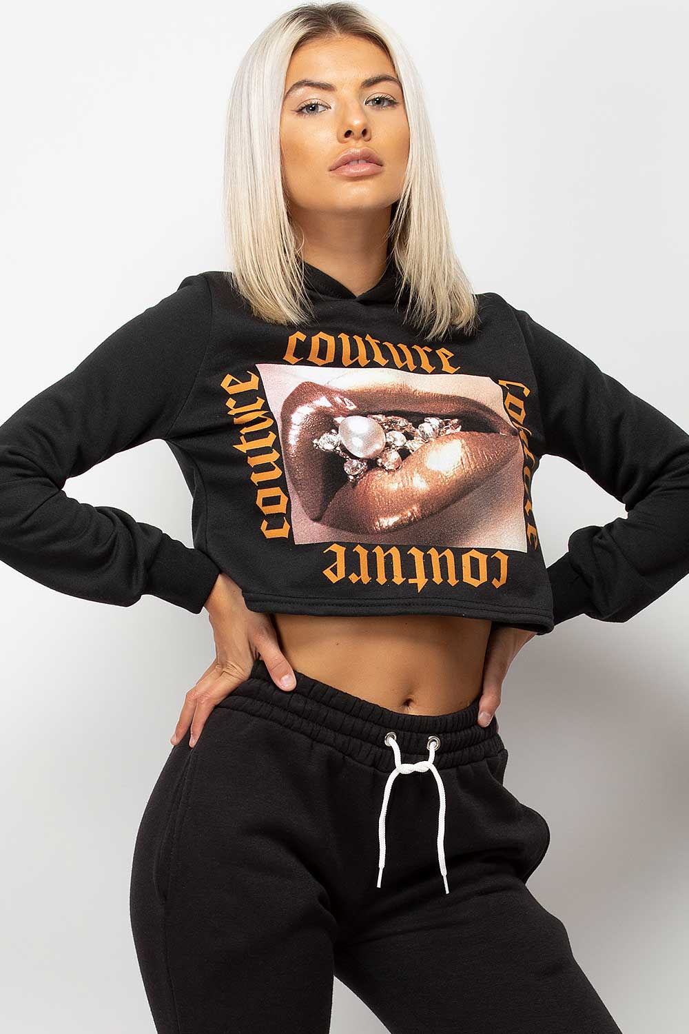 black couture slogan cropped hoodie