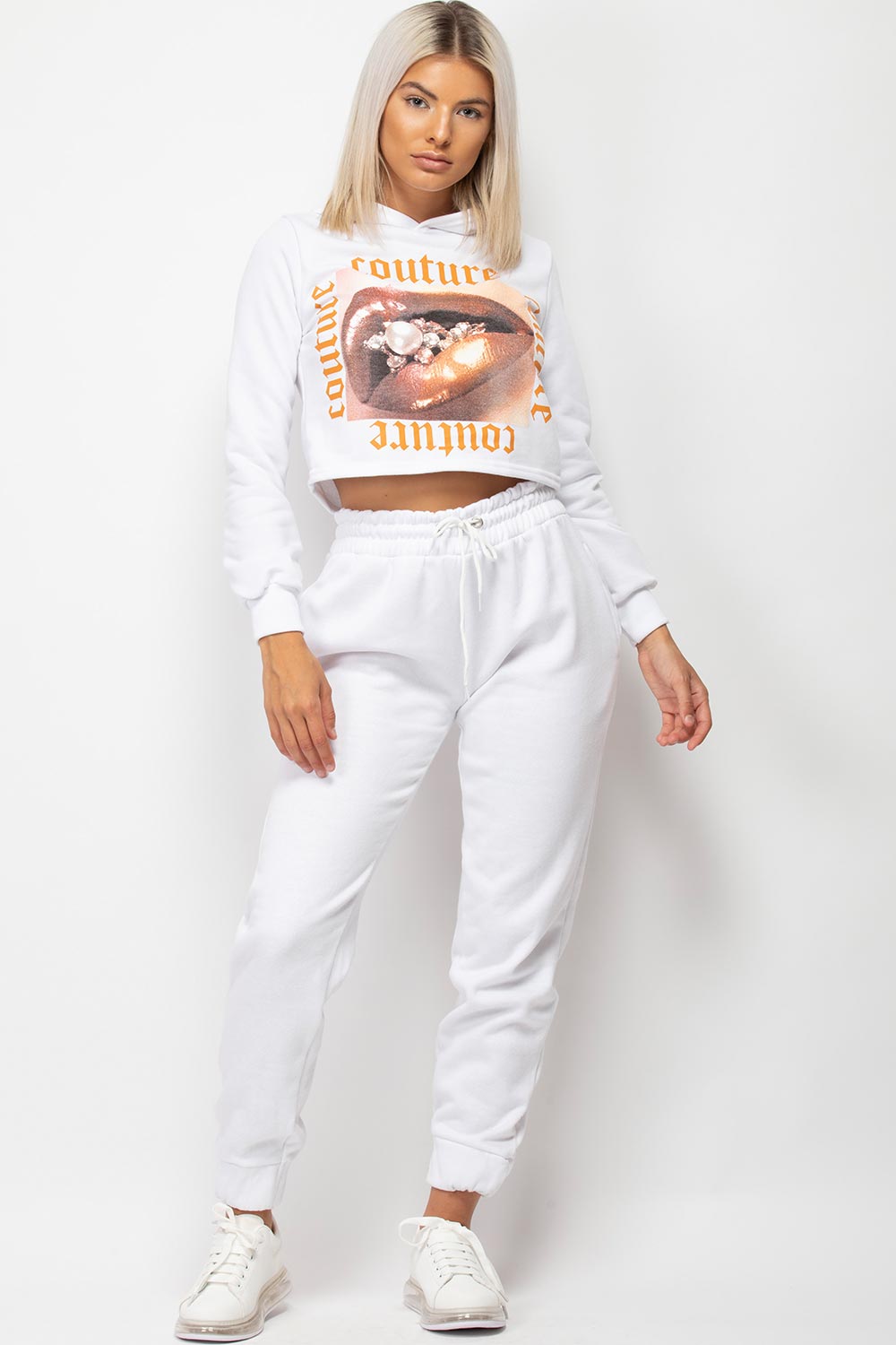 White Couture Graphic Slogan Cropped Hoodie