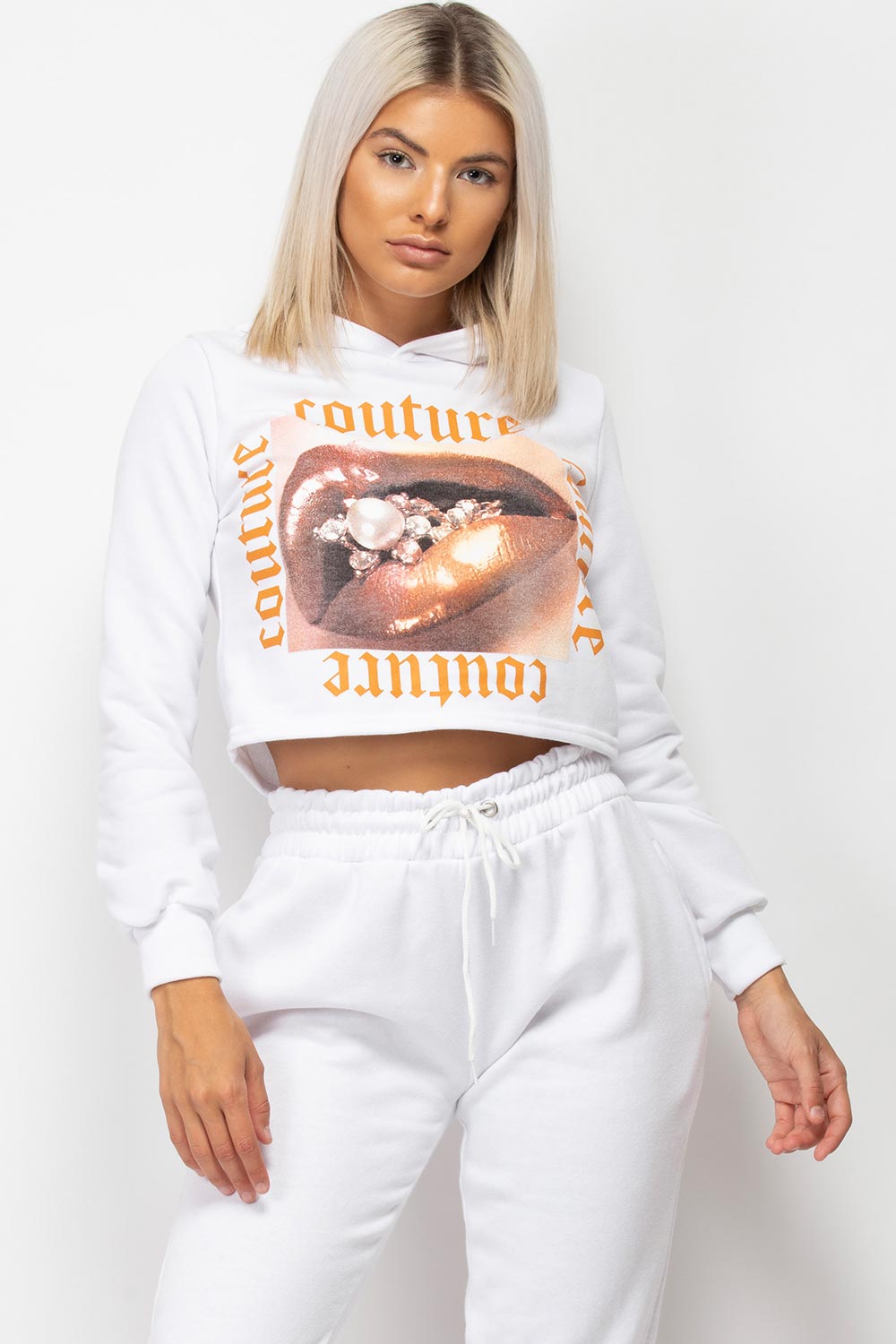 White Couture Graphic Slogan Cropped Hoodie
