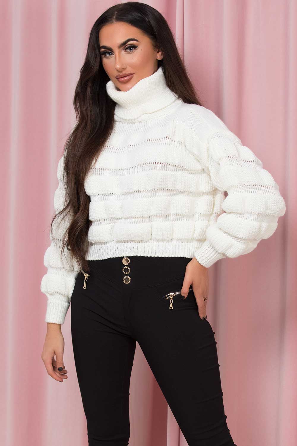 roll neck bubble knit jumper cream